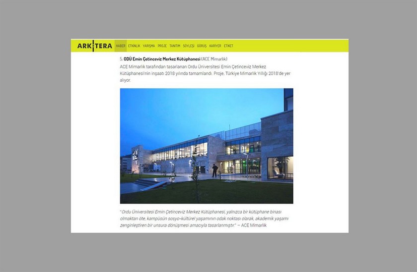 Ordu University Emin Çetinceviz Central Library is One of the Top Five Most Viewed Projects in Arkitera.com